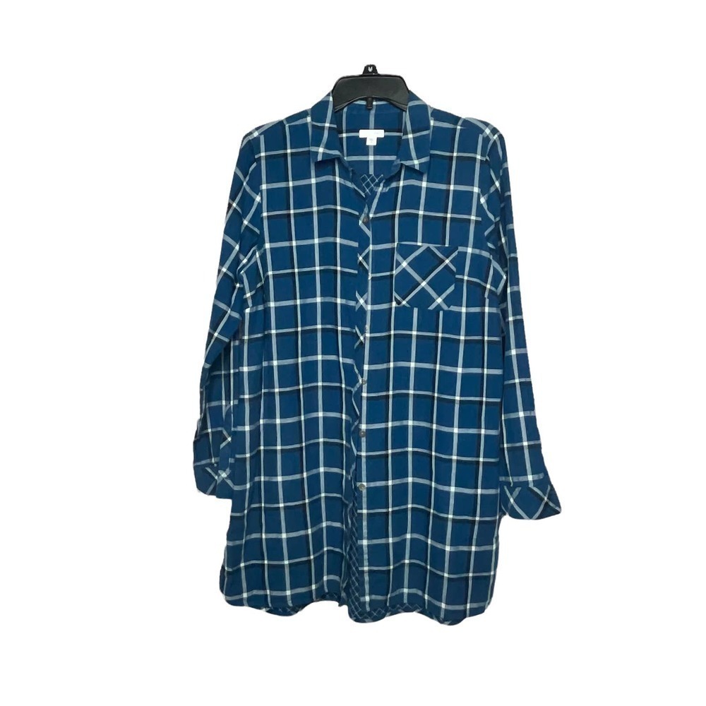 J. Jill Blue & White Plaid Long Sleeve Button Up Tunic Medium